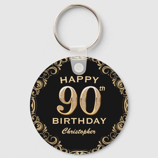 90th Birthday Party Black and Gold Glitter Frame Keychain (Front)
