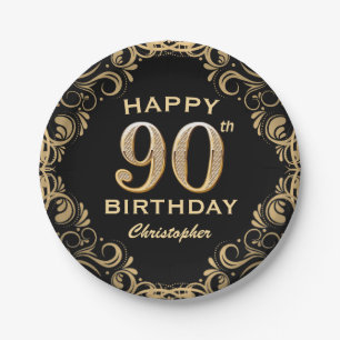 90th Birthday Party Black and Gold Glitter Frame Paper Plate