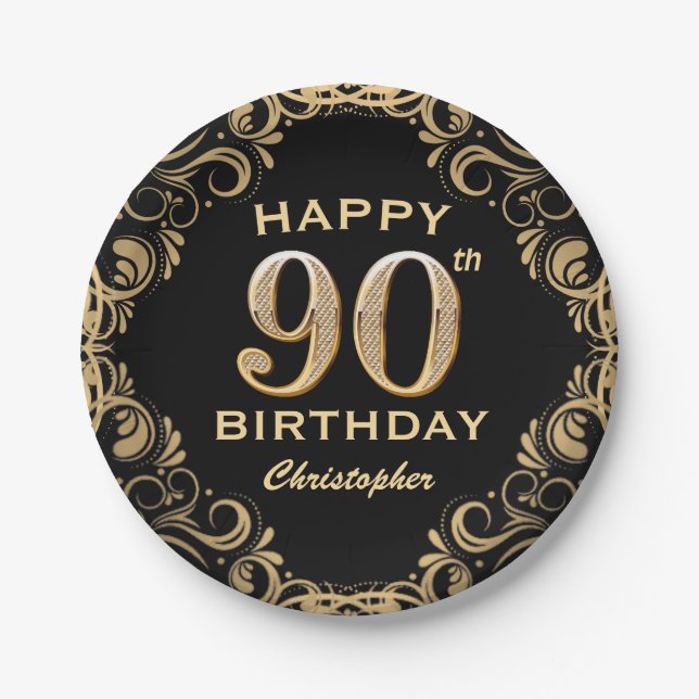 90th Birthday Party Black and Gold Glitter Frame Paper Plate (Front)