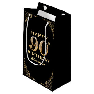 90th Birthday Party Black and Gold Glitter Frame Small Gift Bag