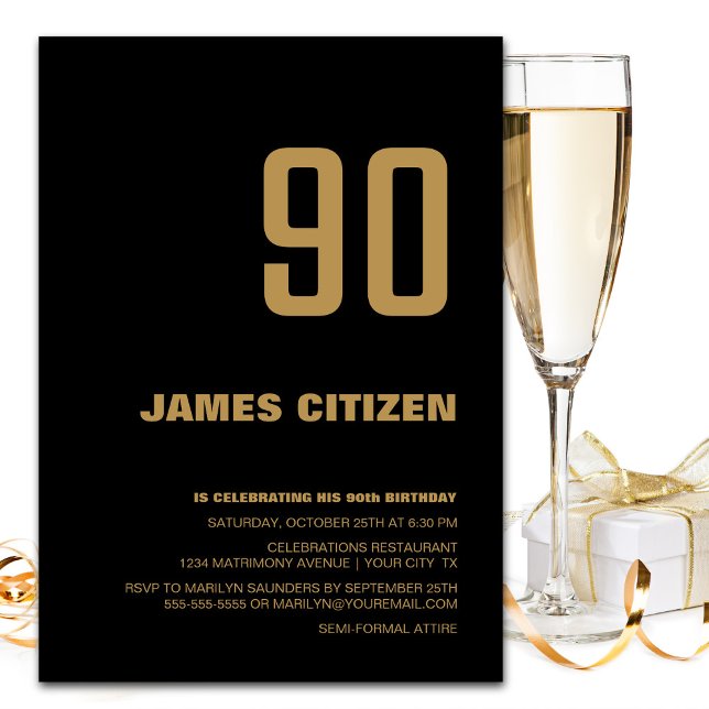 90th Birthday Party Black Gold Invitation (Creator Uploaded)