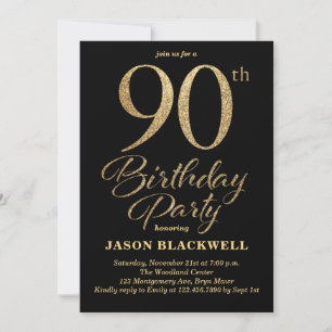 90th Birthday Party Black & Gold Invitation
