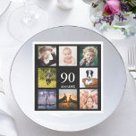 90th birthday party black photo collage men guys napkin<br><div class="desc">A paper napkin for a 90th birthday party for a guy,  celebrating his life with a collage of 8 of your own photos.  Templates for the age 90 and a date.  Date of birth or the date of the party.  White colored letters.  Black background.</div>