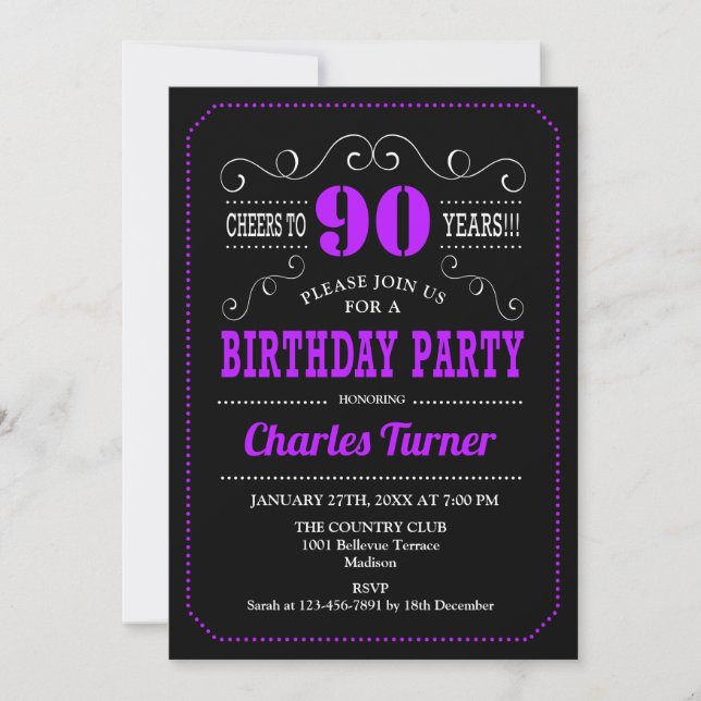 90th Birthday Party - Black Purple Invitation (Front)