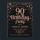 90th Birthday Party - Black & Rose Gold Invitation<br><div class="desc">90th Birthday Party Invitation.
Elegant design in black and faux glitter rose gold. Features stylish script font and confetti. Message me if you need custom age.</div>