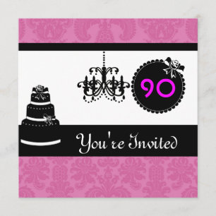 90th Birthday Party Black & White & PINK Damask In Invitation