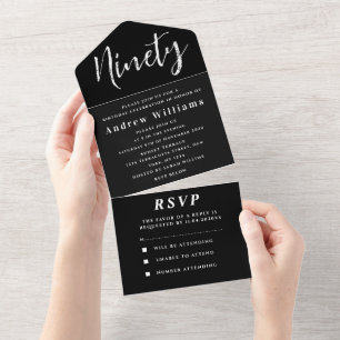 90th Birthday Party Black White Simple Modern All In One Invitation