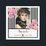 90th birthday party black white stripes photo name napkin<br><div class="desc">Elegant, glamourous, vintage feminine style napkin for a 90th birthday party. Classic and chic slim black and white vertical stripes. Decorated with pink flowers, peonies and roses. Templates for a name, age 90, date of birth and the date of the anniversary. Template for your own vertical sized photo. Girly and...</div>