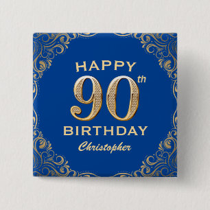 90th Birthday Party Blue and Gold Glitter Frame 2 Inch Square Button