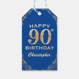 90th Birthday Party Blue and Gold Glitter Frame Gift Tags