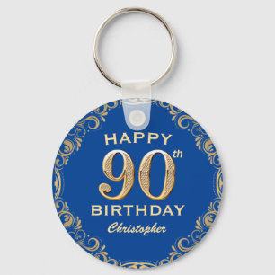 90th Birthday Party Blue and Gold Glitter Frame Keychain