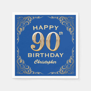 90th Birthday Party Blue and Gold Glitter Frame Napkin