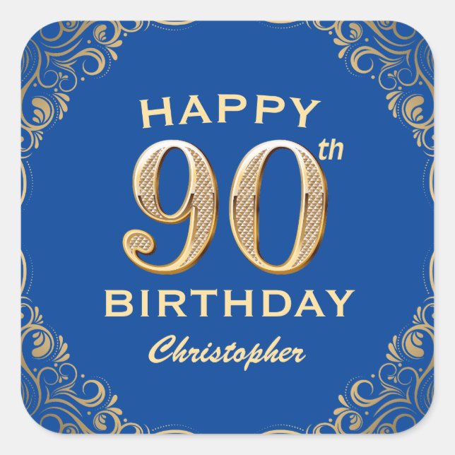 90th Birthday Party Blue and Gold Glitter Frame Square Sticker (Front)
