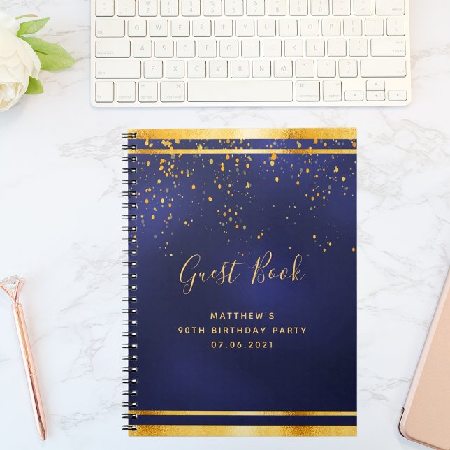 90th Birthday Party blue gold guest book (Creator Uploaded)