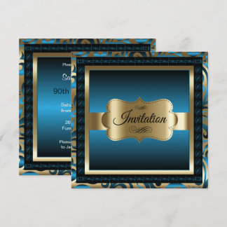 90th Birthday Party | Blue Metallic & Gold Invitation