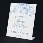 90th Birthday Party Blue Rose Floral Welcome Pedestal Sign<br><div class="desc">Welcome your guests in style with this blue floral welcome sign. All text is editable.</div>