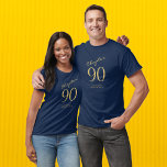 90th Birthday Party Blue T-Shirt<br><div class="desc">Celebrate a special 90th birthday with this blblue t-shirt featuring gold script. Show your love and appreciation for the birthday boy or girl with this eye-catching t-shirt that can be easily personalized. Make this 90th birthday celebration even more special with this stylish and modern t-shirt that will be sure to...</div>