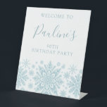 90th Birthday Party Blue White Snowflake Welcome  Pedestal Sign<br><div class="desc">Delicate pastel snowflakes create an elegant pattern perfect for a Christmas or winter birthday party. All text can be edited.</div>