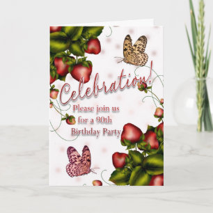 90th Birthday Party - Butterfly And Strawberry Inv Invitation