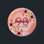 90th birthday party coral gold dahlia flowers 1 inch round button<br><div class="desc">A trendy button for a 90th birthday party. With a faux gold hexagon geometrical shaped frame. Decorated with watercolored dahlia flowers in pink, cream and coral. Living coral with polka dots as background. Templates for a name, age 90 and a date. Date of birth or date of the party. Burgundy...</div>