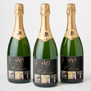 90th birthday party custom photo black gold cheers sparkling wine label