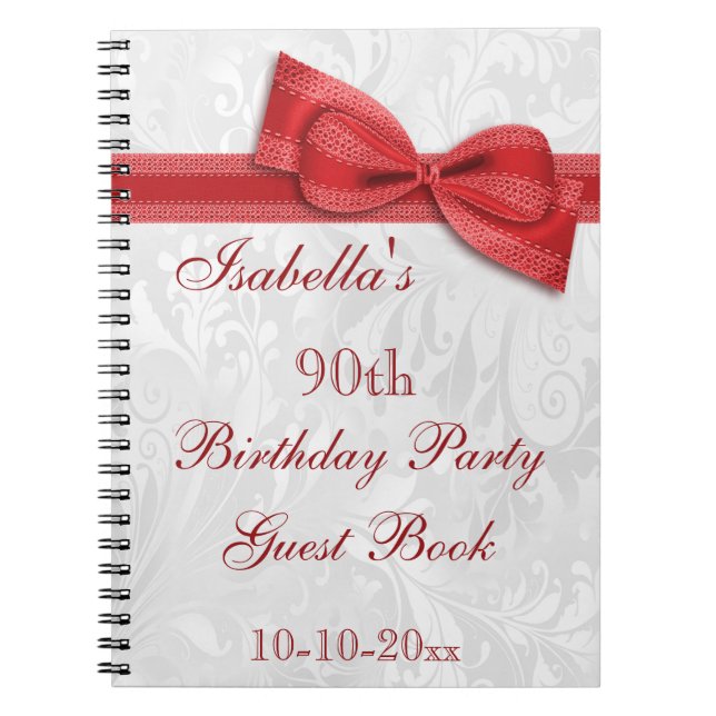 90th Birthday Party Damask and Bow Notebook (Front)