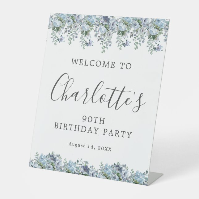 90th Birthday Party Dusty Blue Floral Welcome Pedestal Sign (Front)