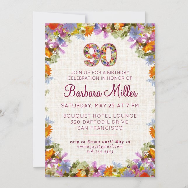 90th Birthday Party – Elegant Floral Design Linen Invitation (Front)