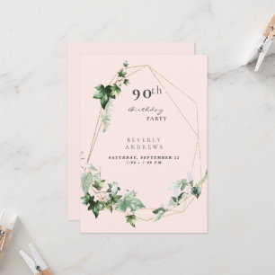 90th Birthday Party Elegant Foliage Champagne Pink Invitation