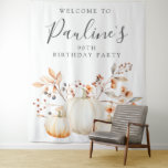 90th Birthday Party Fall Pumpkin Leaves Tapestry<br><div class="desc">Fall pumpkins are nestled in delicate golden yellow and orange leaves to create an elegant backdrop tapestry. All of the text is editable so you can easily craft your own special moment.</div>