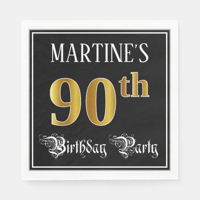 90th Birthday Party — Fancy Script, Faux Gold Look Napkin (Front)