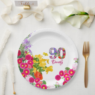 90th Birthday Party Floral Flowers Modern 90 Years Paper Plate