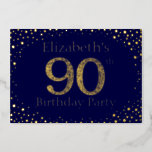 90th Birthday Party Foil Invitation<br><div class="desc">90th birthday party invitation. Personalize with the name of the person of honour. The number 90 in large sparkle style font. Framed in falling golden dots. Set on a very saturated dark cold blue. Enter the party details on the back of the invitation using the templates, also sent on dark...</div>