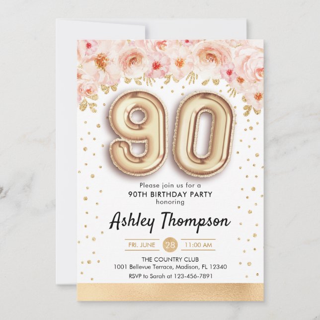 90th Birthday Party - Gold Balloons Invitation (Front)