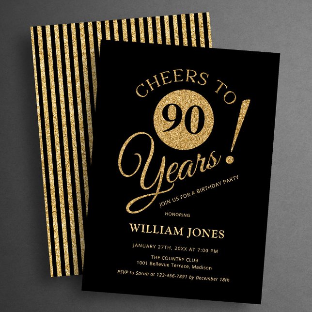 90th Birthday Party Gold Black Invitation (Creator Uploaded)