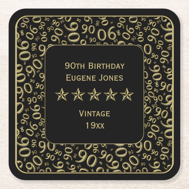 90th Birthday Party Gold/Black Pattern Square Paper Coaster (Front)