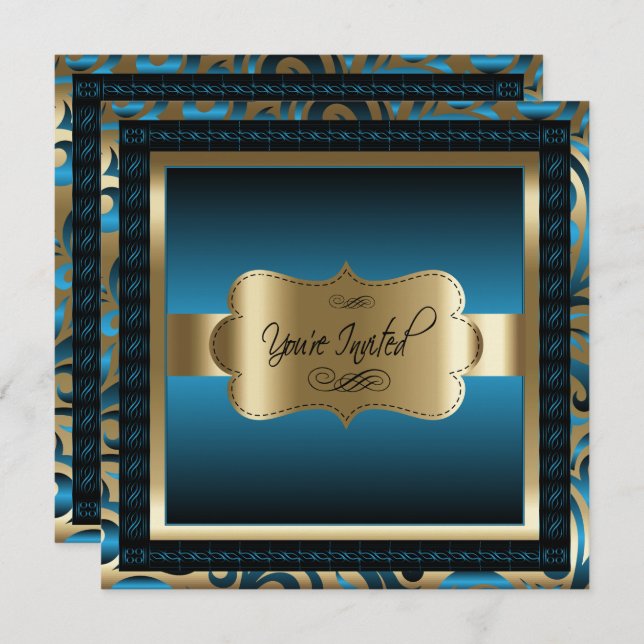 90th Birthday Party | Gold & Metallic Blue Invitation (Front/Back)