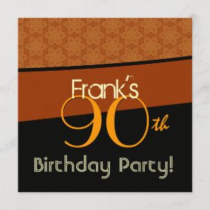 90th Birthday Party Gold Orange Black Pattern Invitation