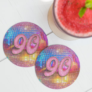 90th Birthday Party Gold Pink Glitter Disco Ball Round Paper Coaster