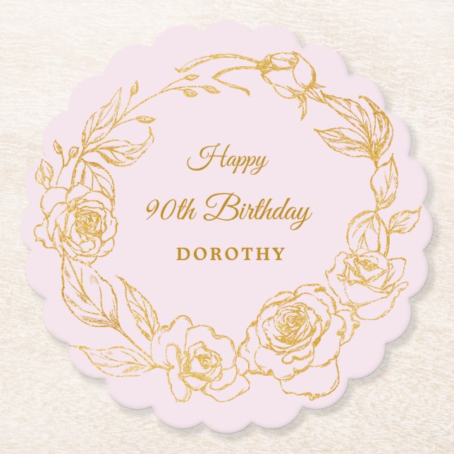90th Birthday Party Gold Rose Blush Pink Paper Coaster (Front)