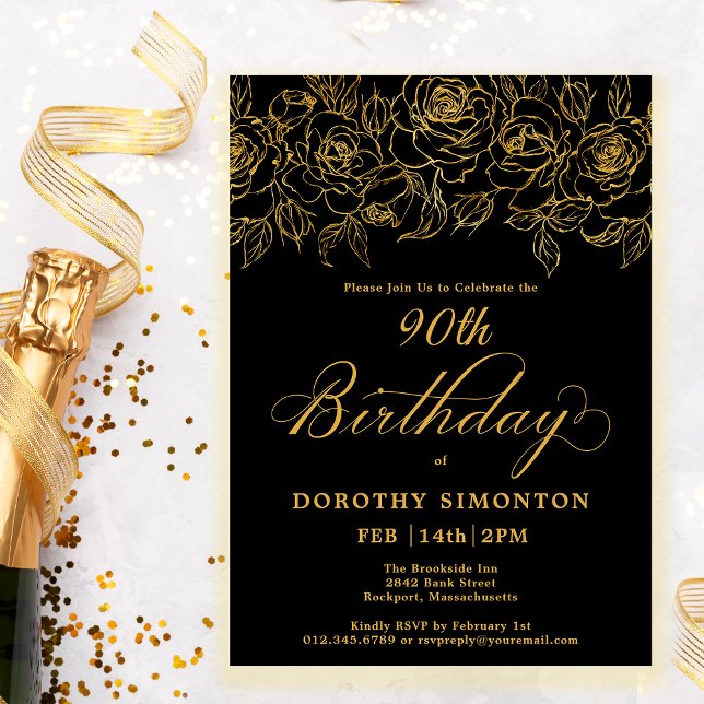 90th Birthday Party Gold Rose Floral Black Invitation (Creator Uploaded)
