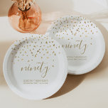 90th Birthday Party Gold Triangle Confetti White Paper Plate<br><div class="desc">Help her celebrate her 90th birthday in style with this simple but elegant design, featuring faux gold foil triangular confetti sifting down on the word "ninety" in gold handwriting font on a white background. Personalize it with the name of the honoree in gold sans serif font, along with the occasion...</div>
