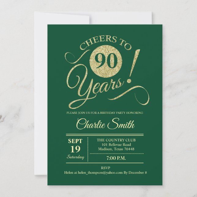 90th Birthday Party - Green Gold Invitation (Front)
