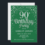 90th Birthday Party - Green & Silver Invitation<br><div class="desc">90th Birthday Party Invitation.
Elegant design in emerald forest green and faux glitter silver. Features stylish script font and confetti. Message me if you need custom age.</div>