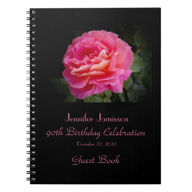 90th Birthday Party Guest Book, Pink Rose Notebook (Front)