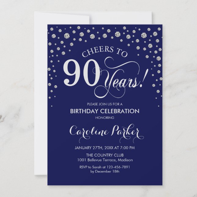 90th Birthday Party Invitation - Silver Navy Blue (Front)