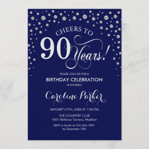 90th Birthday Party Invitation - Silver Navy Blue