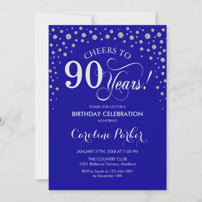 90th Birthday Party Invitation - Silver Royal Blue (Front)