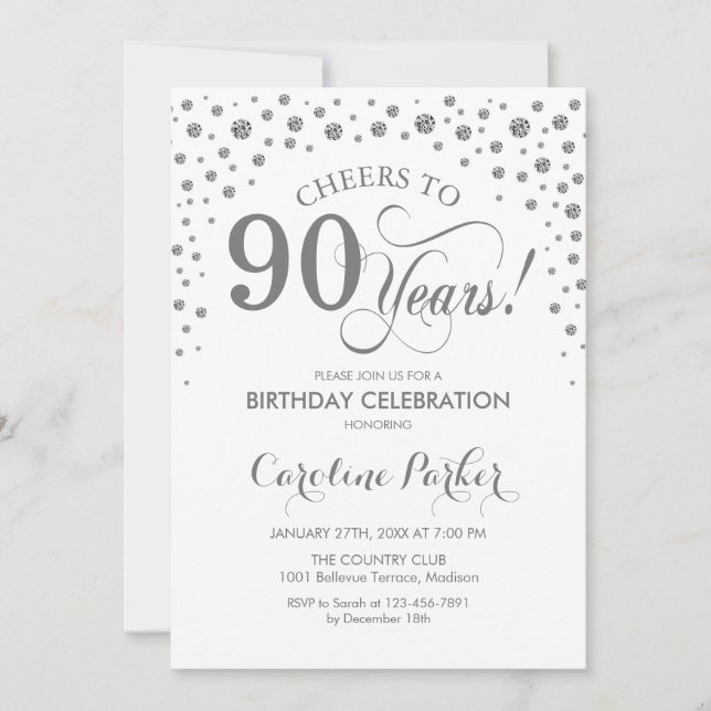 90th Birthday Party Invitation - Silver White (Front)
