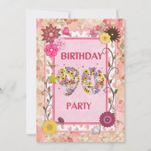 90th birthday party invitation with floral frame